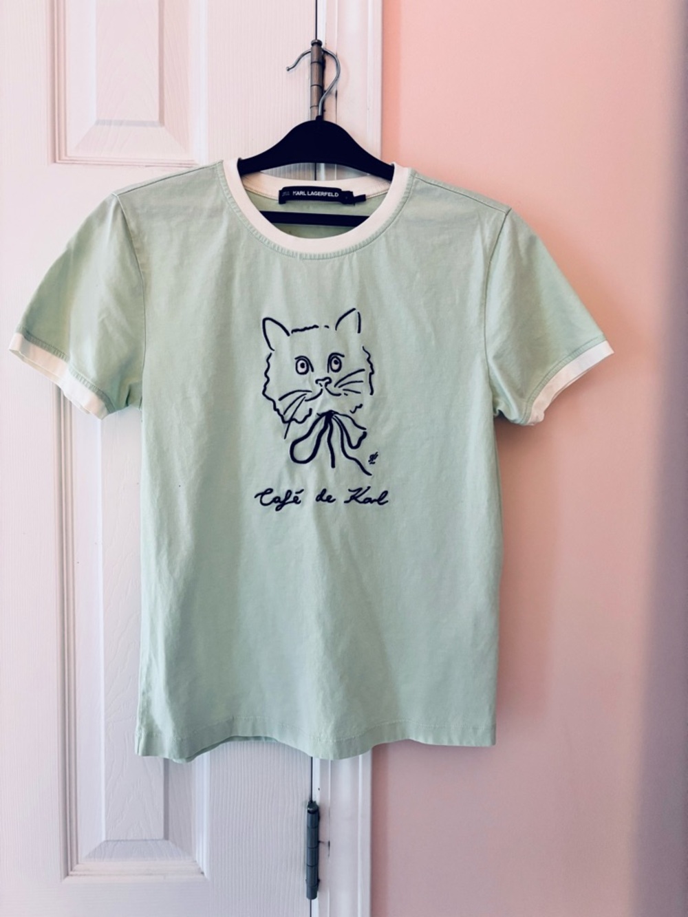 Karl Lagerfeld Mint Cat Graphic Tee with White Trim